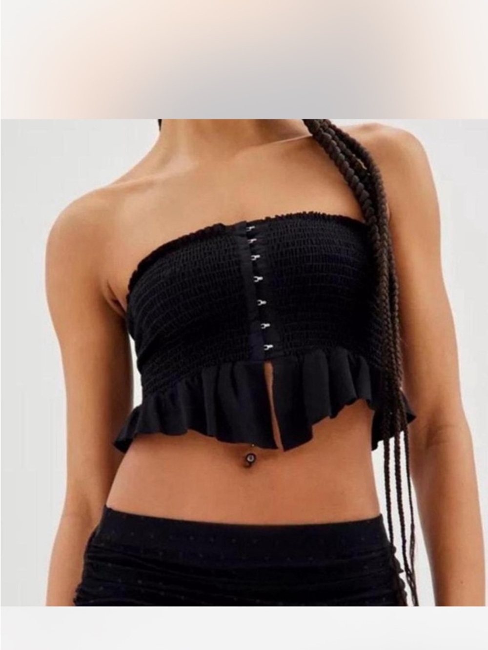 URBAN OUTFITTERS Black Smocked Ruffle Strapless Crop Top